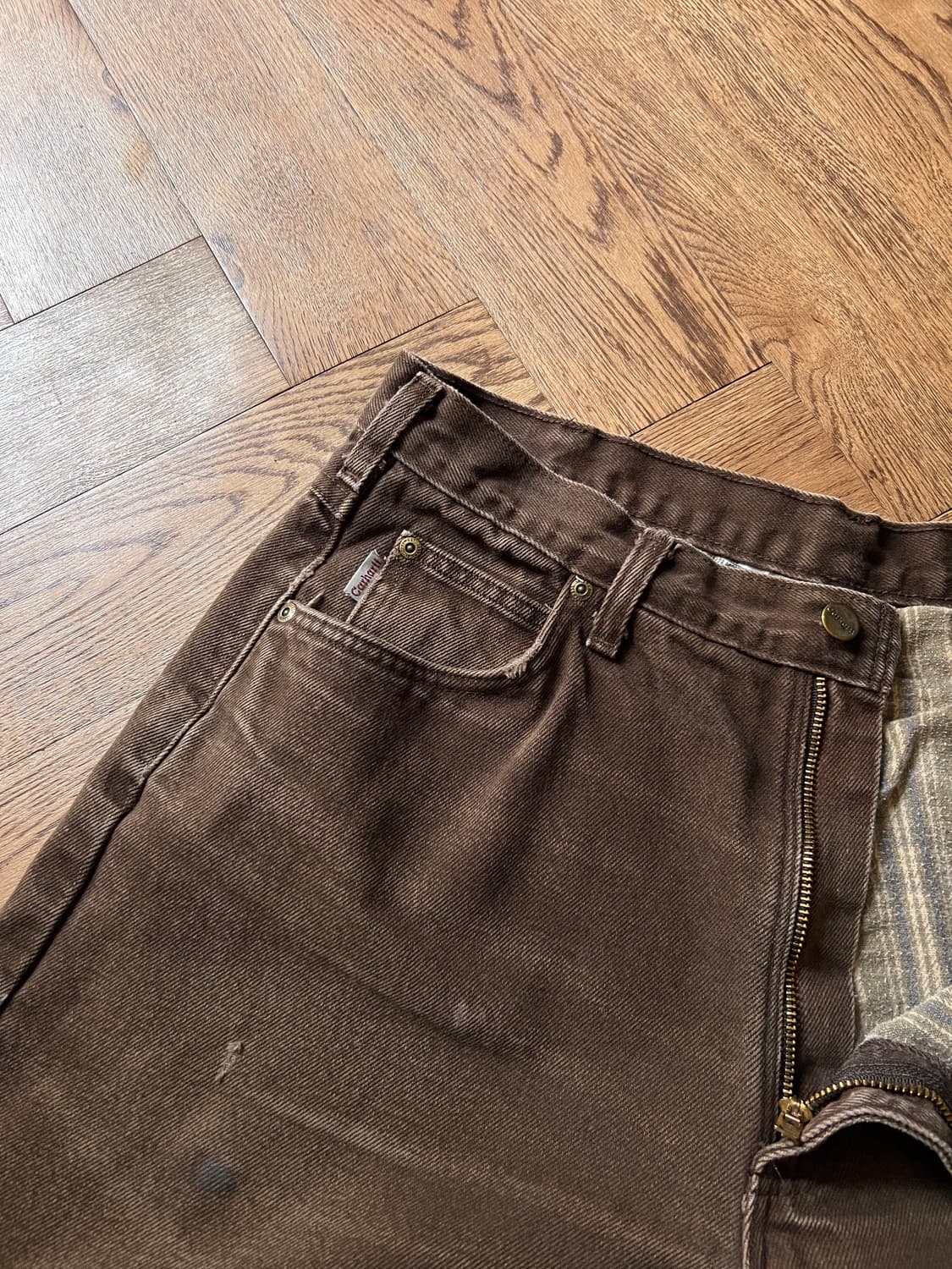 [36]칼하트 USA 체크 라이닝 빈티지 워싱 다크브라운 워크 데님 팬츠 상품이미지4