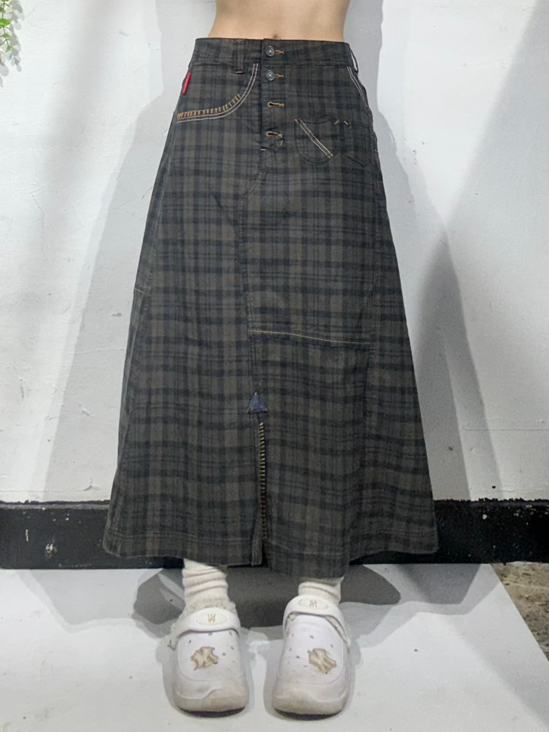 일본 빈티지 카키 체크 키치 롱 스커트  상품이미지2
