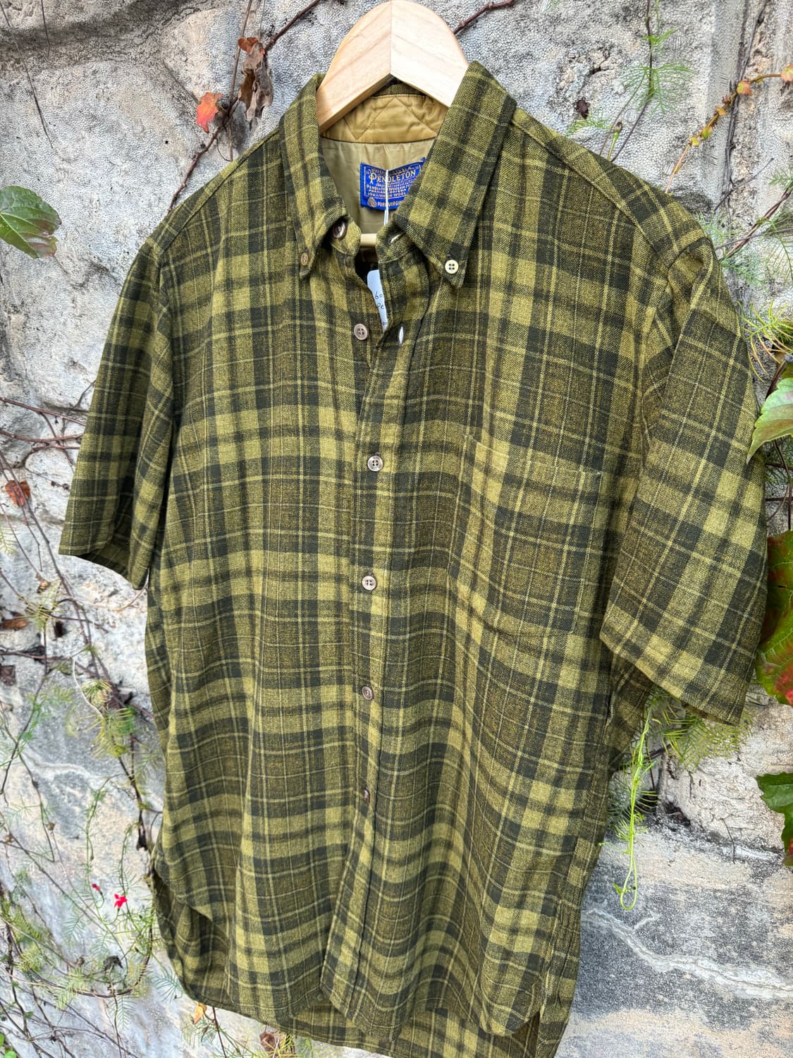 60s 펜들턴 버진 울 체크 반팔 셔츠 그린 M made in usa 상품이미지3