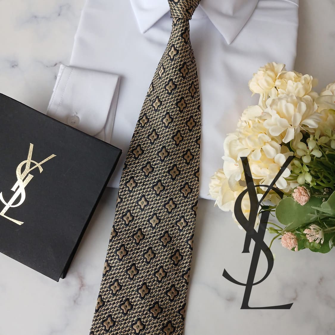 입생로랑 실크 브라운 자카드 패턴 넥타이 10cm A+등급 A19723 상품이미지2