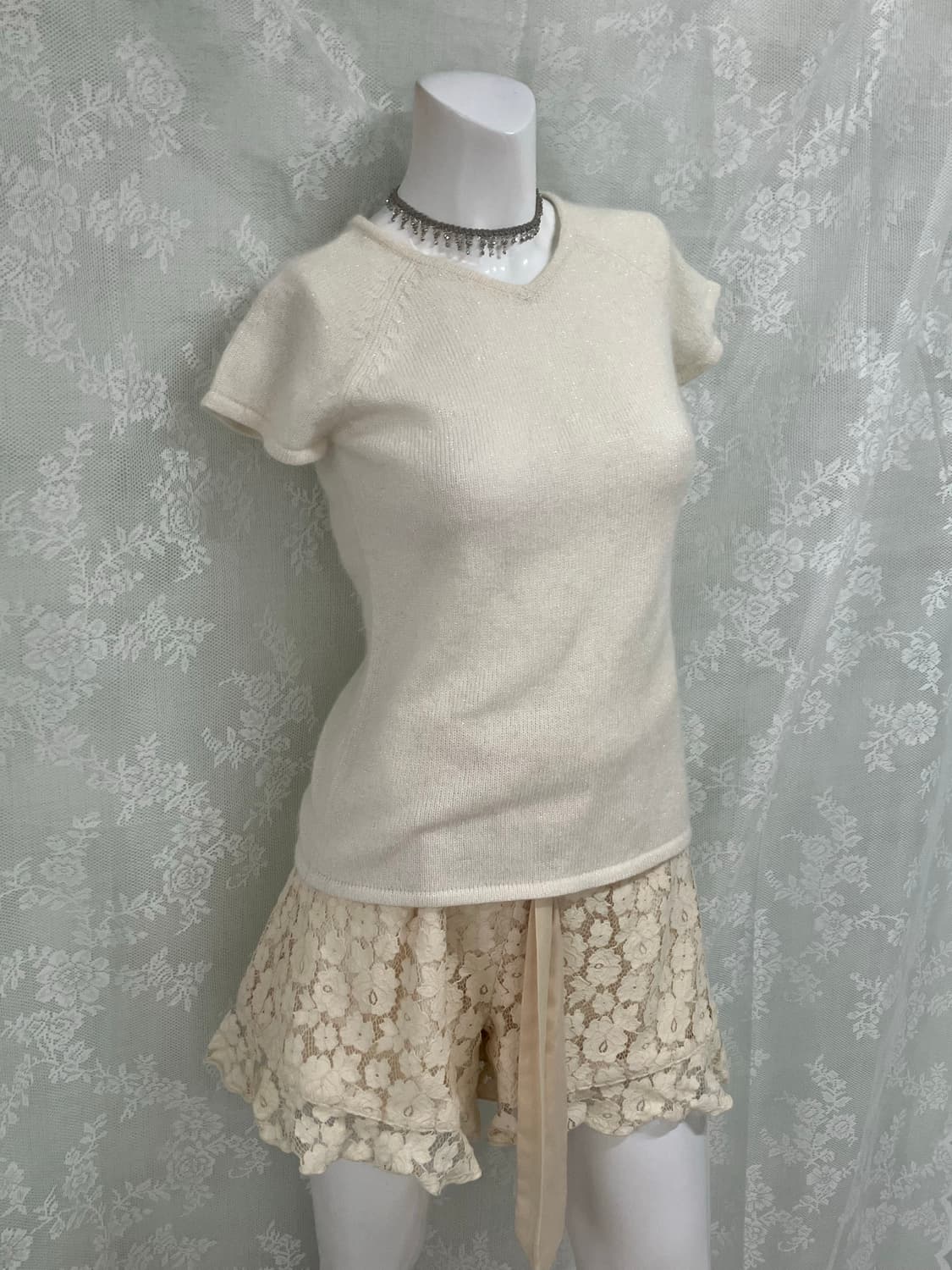 빈티지 화이트 펄 니트 반팔 1111 모리걸 y2k 스트릿 갸루 펑키 일 상품이미지1