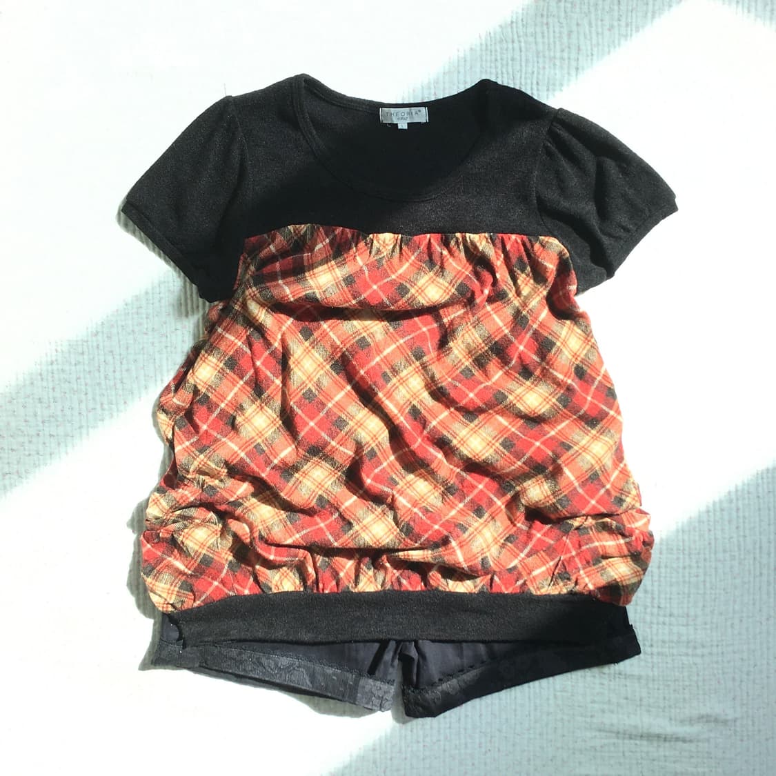 JPN_THEORIA/ 반팔니트 체크 셔링 반팔 블라우스 모리걸반팔니트 상품이미지1