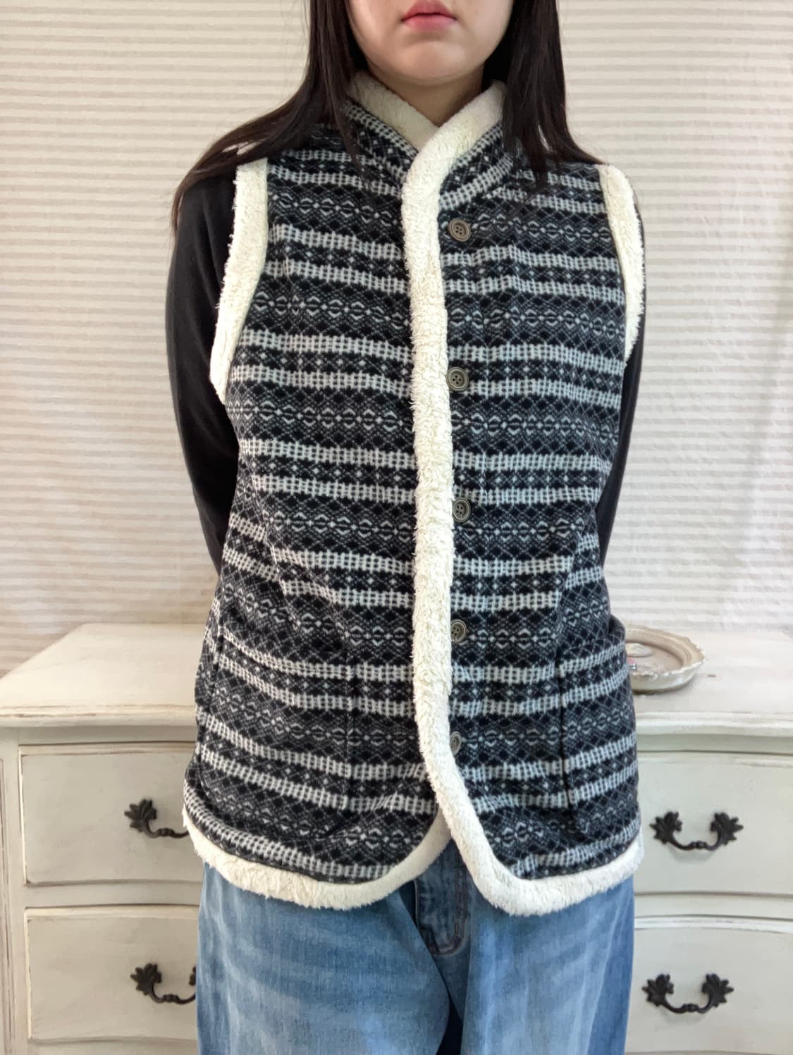 빈티지 블랙 우드 양털 조끼 y2k 스트릿 갸루 펑키 일본빈티지 상품이미지4