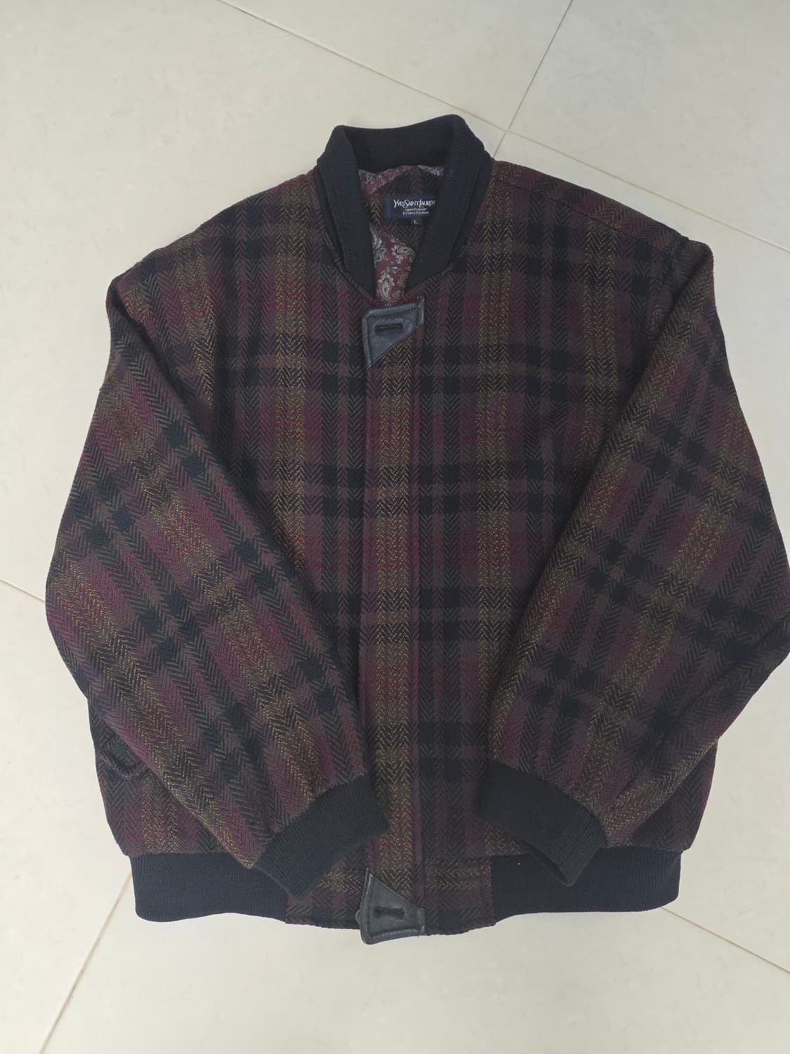 빈티지 입생로랑 소가죽 울 체크 블루종 자켓 L 상품이미지1