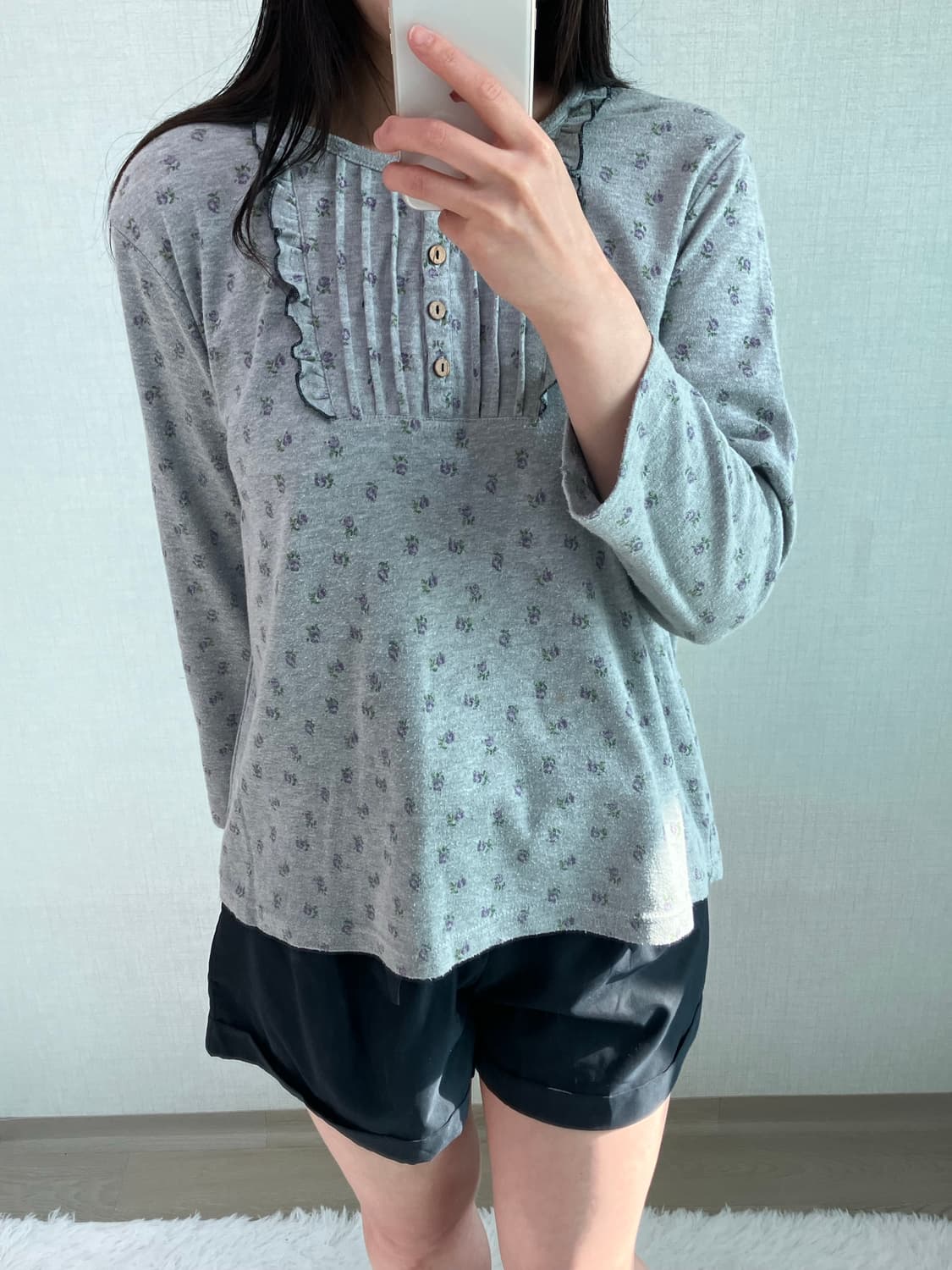 jpn vintage 그레이 플라워 패턴 레이스 롱 슬리브 y2k 스트릿 상품이미지3