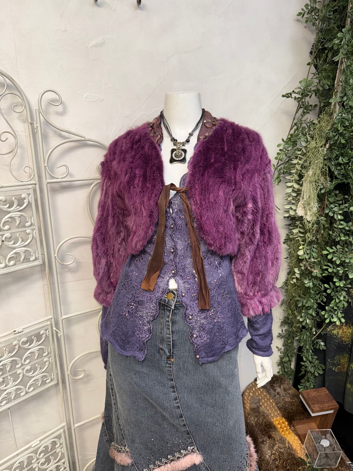 O’2ND violet mink fur lamb skin silk 볼레로 상품이미지6