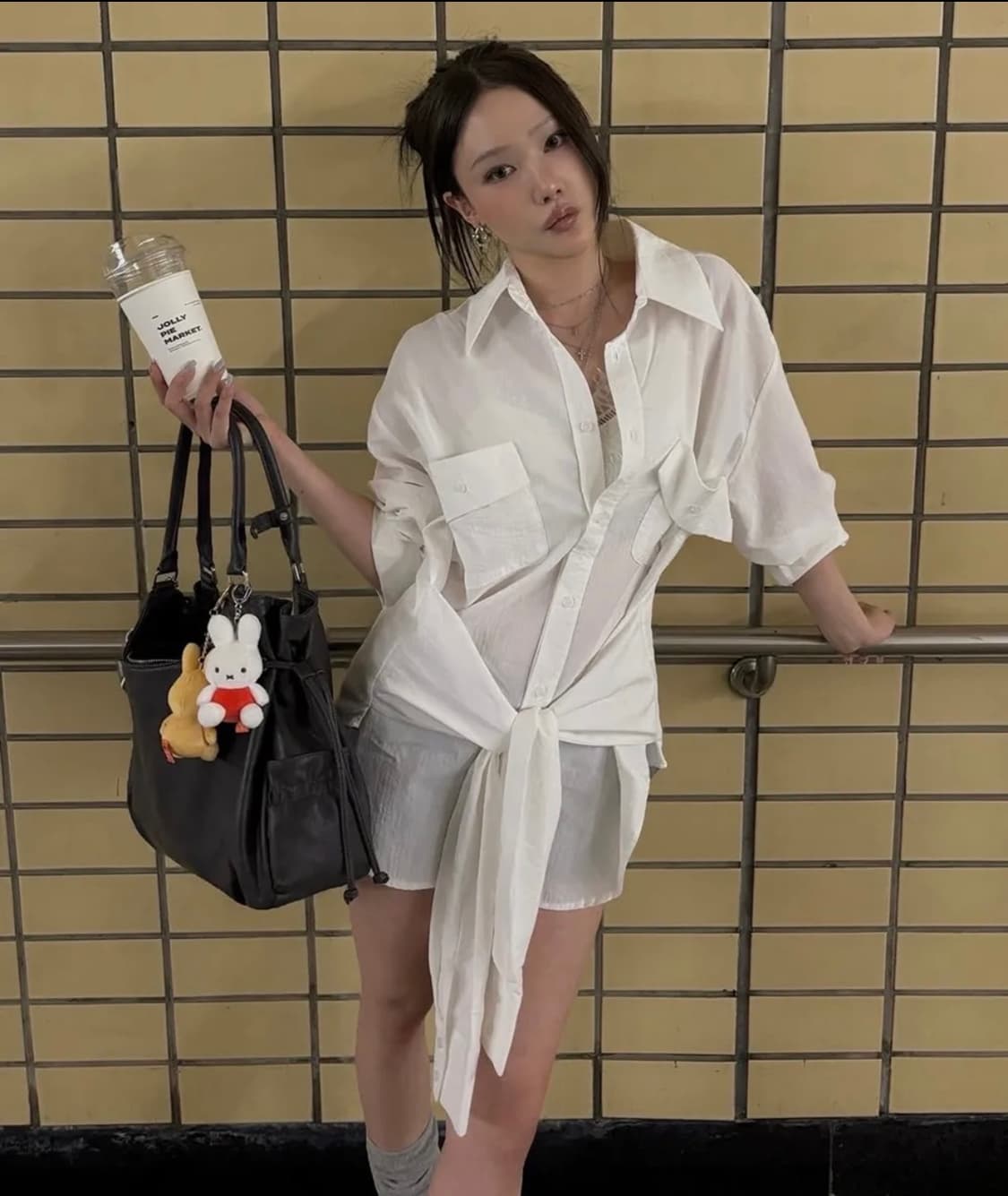 이네기 Tie-Waist Oversized Shirt (white) 상품이미지1
