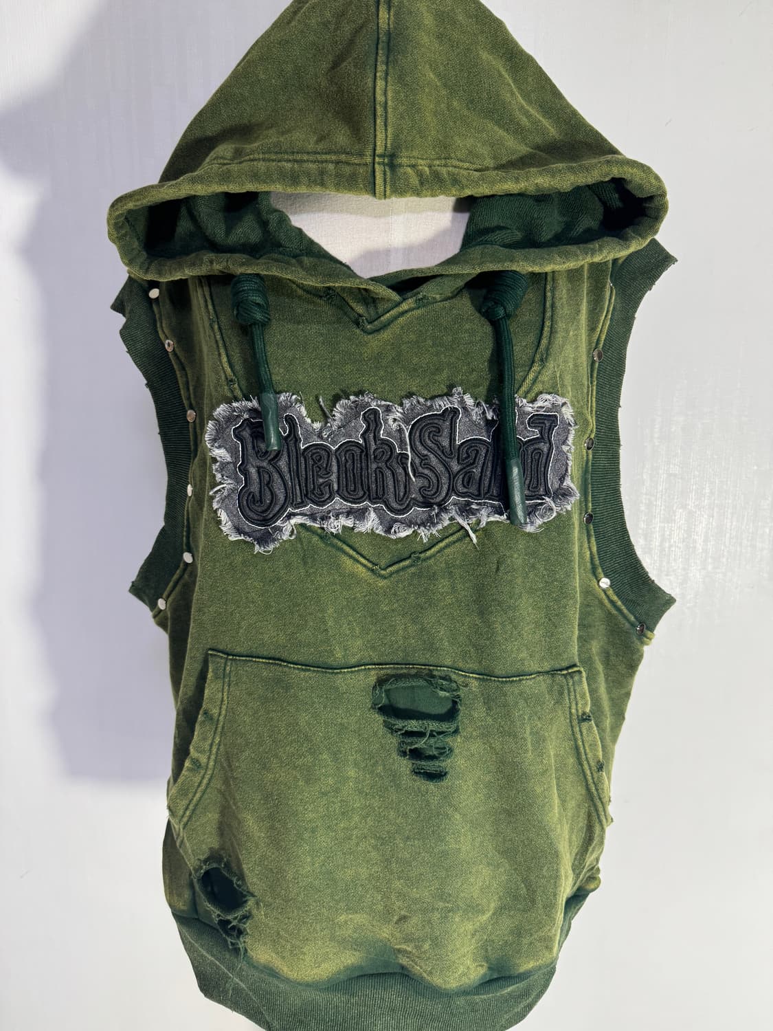 빈티지 페이드 그린 데미지 후드 베스트 y2k lgb goa 모터사이클 상품이미지4
