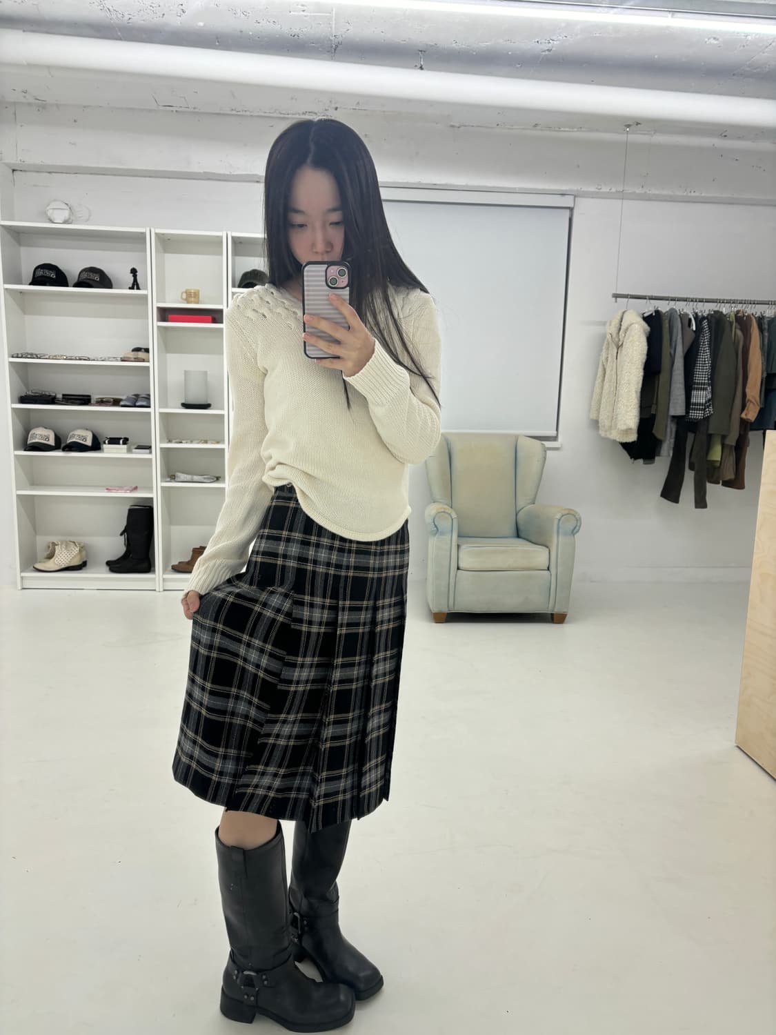courreges wool check mid skirt 상품이미지10