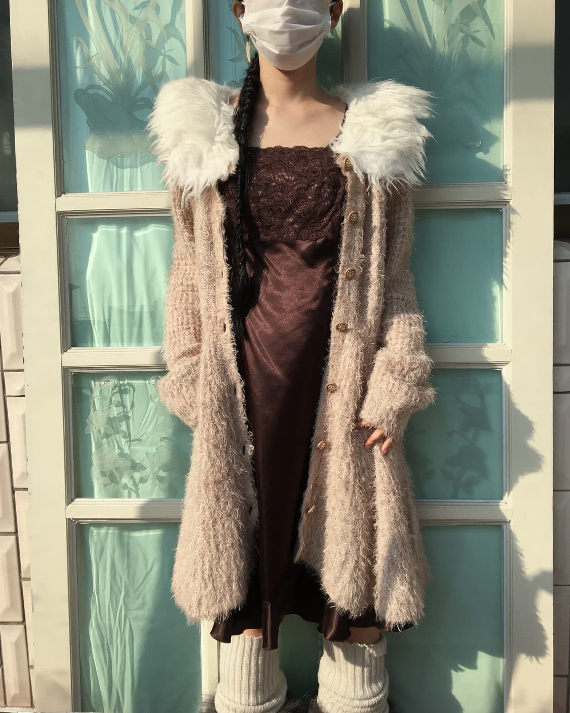 Fake fur collar knit long cardigan 상품이미지5