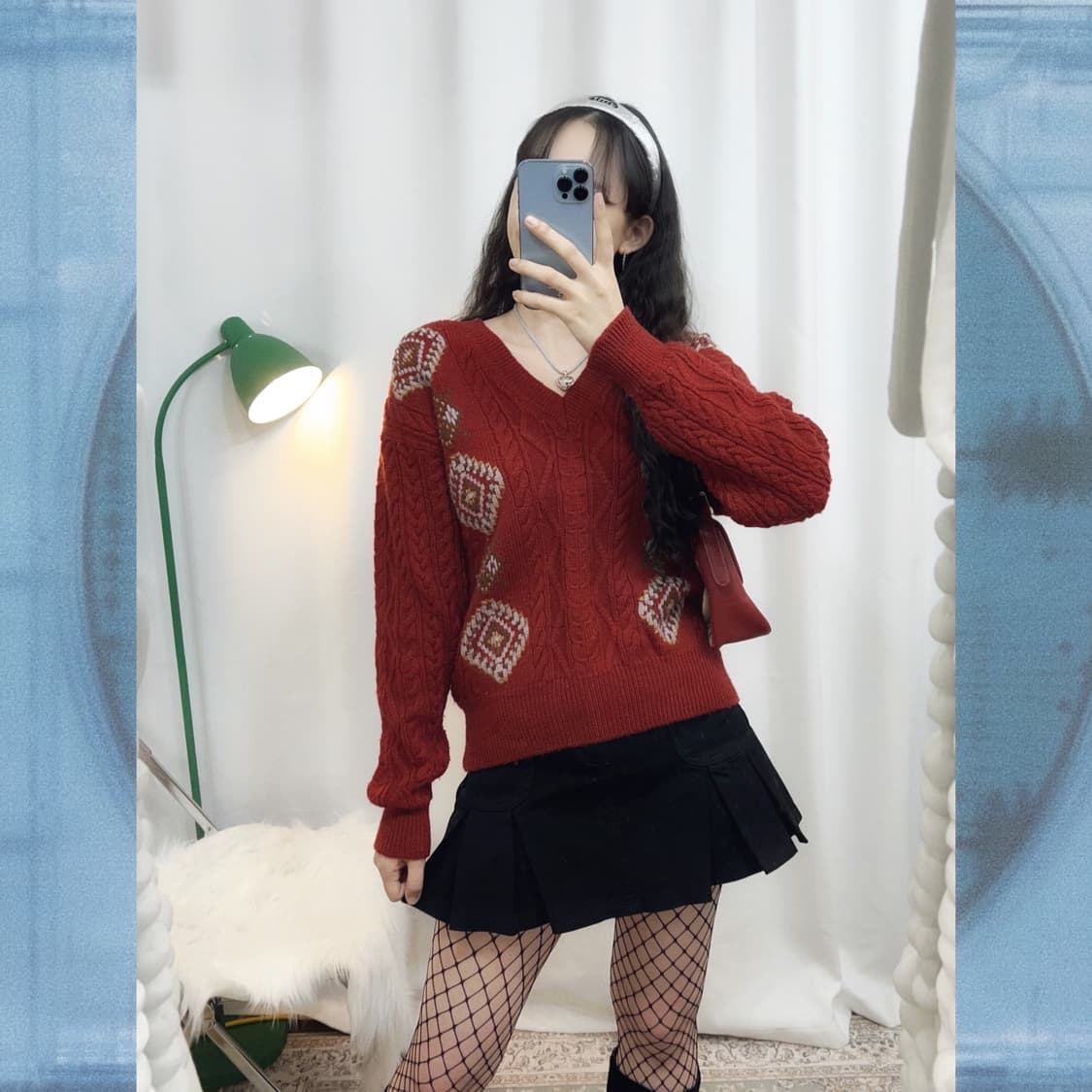 레드 꽈배기 브이넥 오버핏 니트 상품이미지2