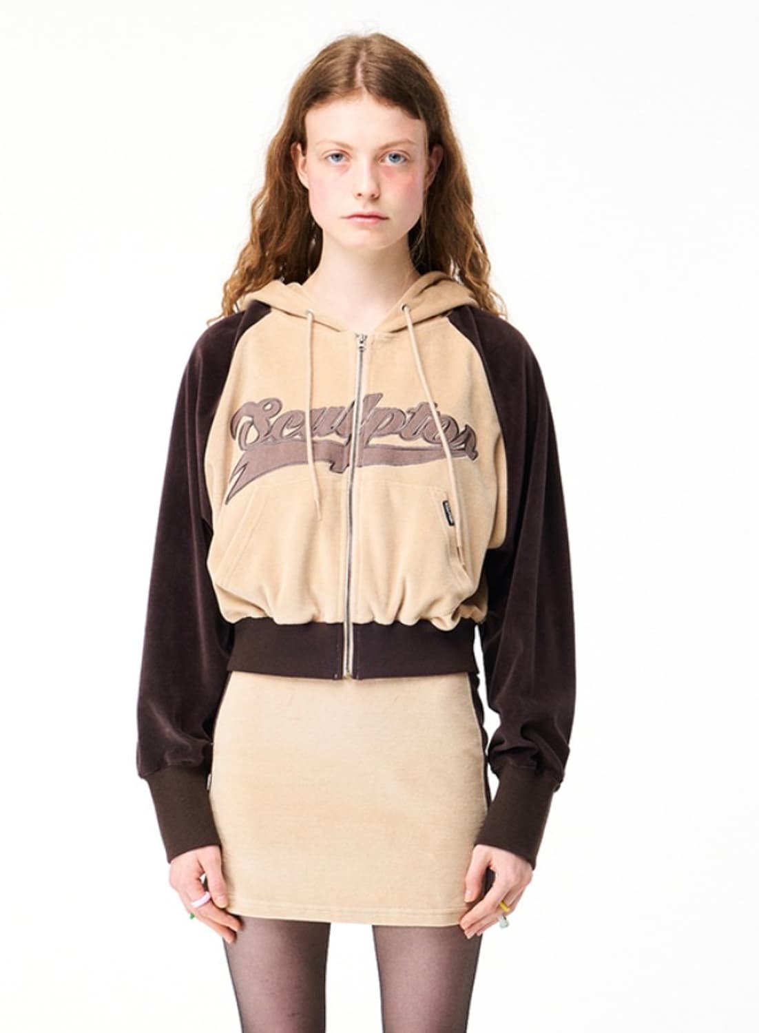 스컬프터 벨루어 후드집업 베이지브라운 상품이미지1