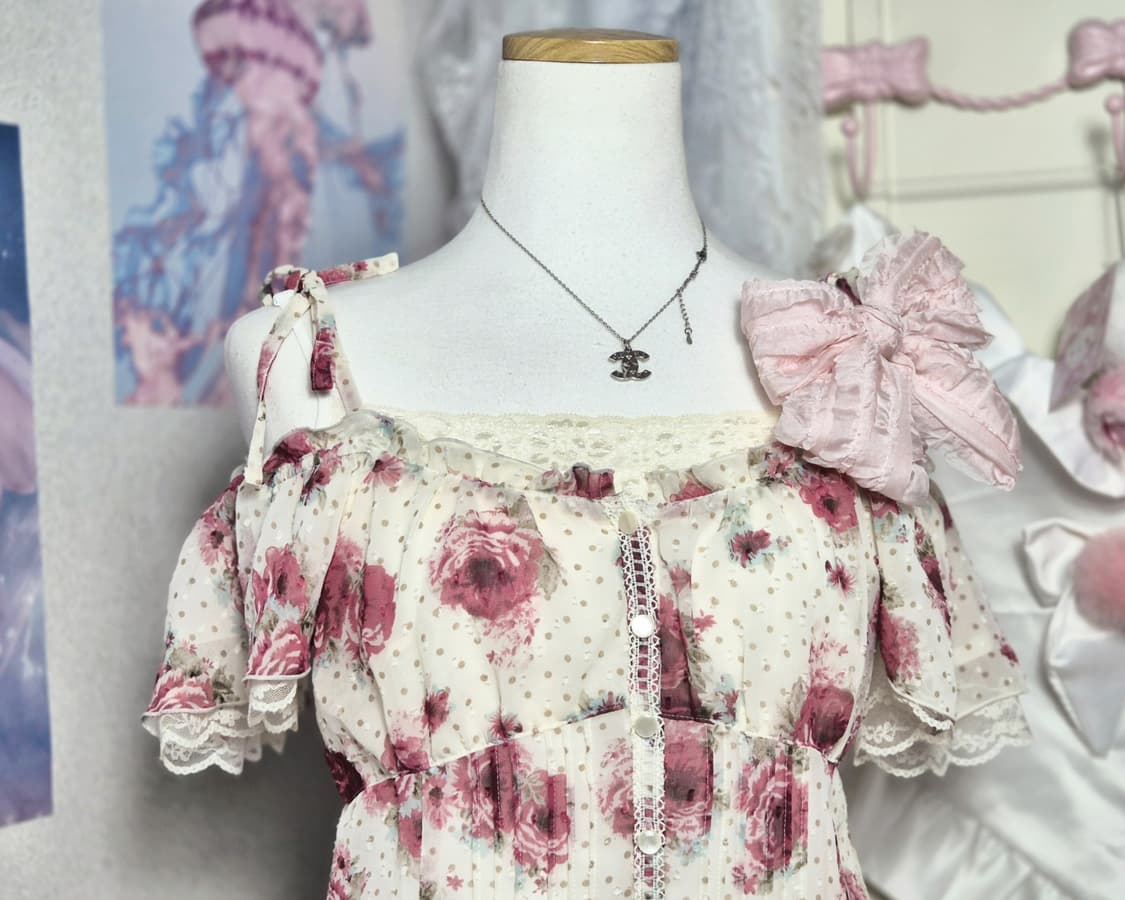 도트 플로럴 레이스 오프숄더 히메카지 히메갸루 3세트 리즈리사깔 상품이미지2