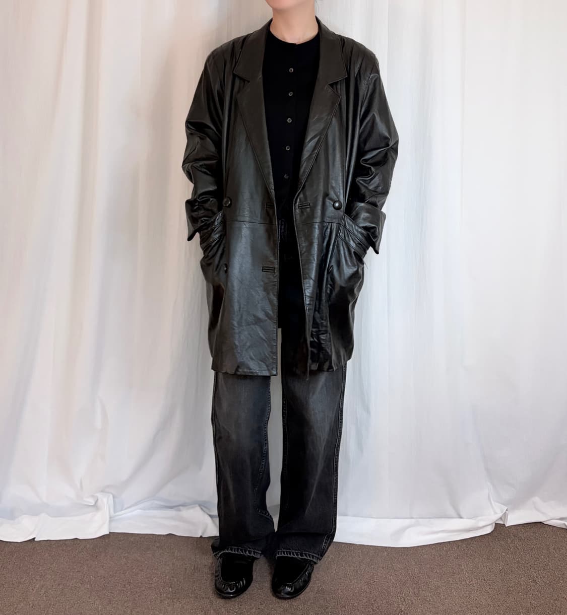 Double Button Leather Jacket - Black 상품이미지3