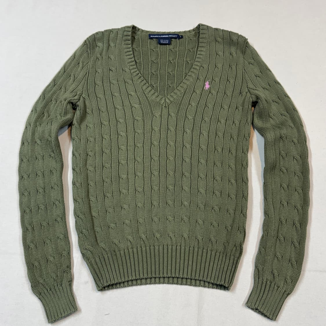 M) 폴로 랄프로렌 코튼 케이블 꽈배기 브이넥 니트 올리브 그린 상품이미지2