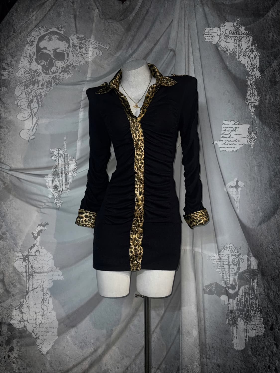 무채색 오네갸루 레오파드 딱붙 셔링 디아깔 코디세트 상품이미지1