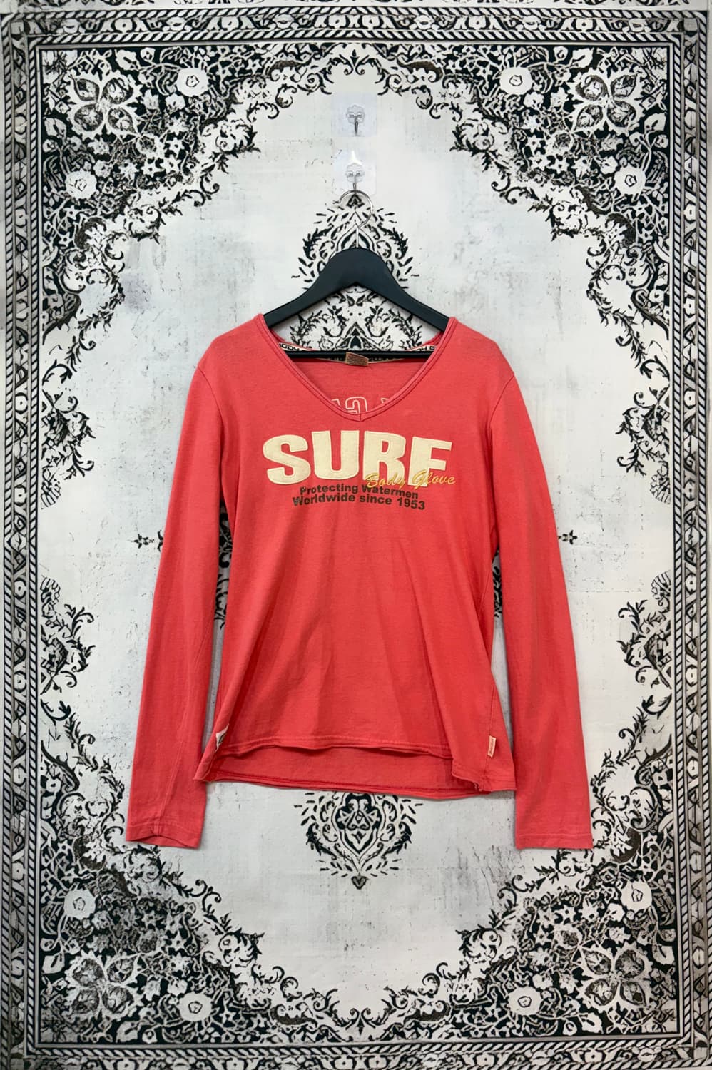 일본빈티지 body glove 키치 핀터깔 핑크브이넥 롱슬이브 상품이미지1