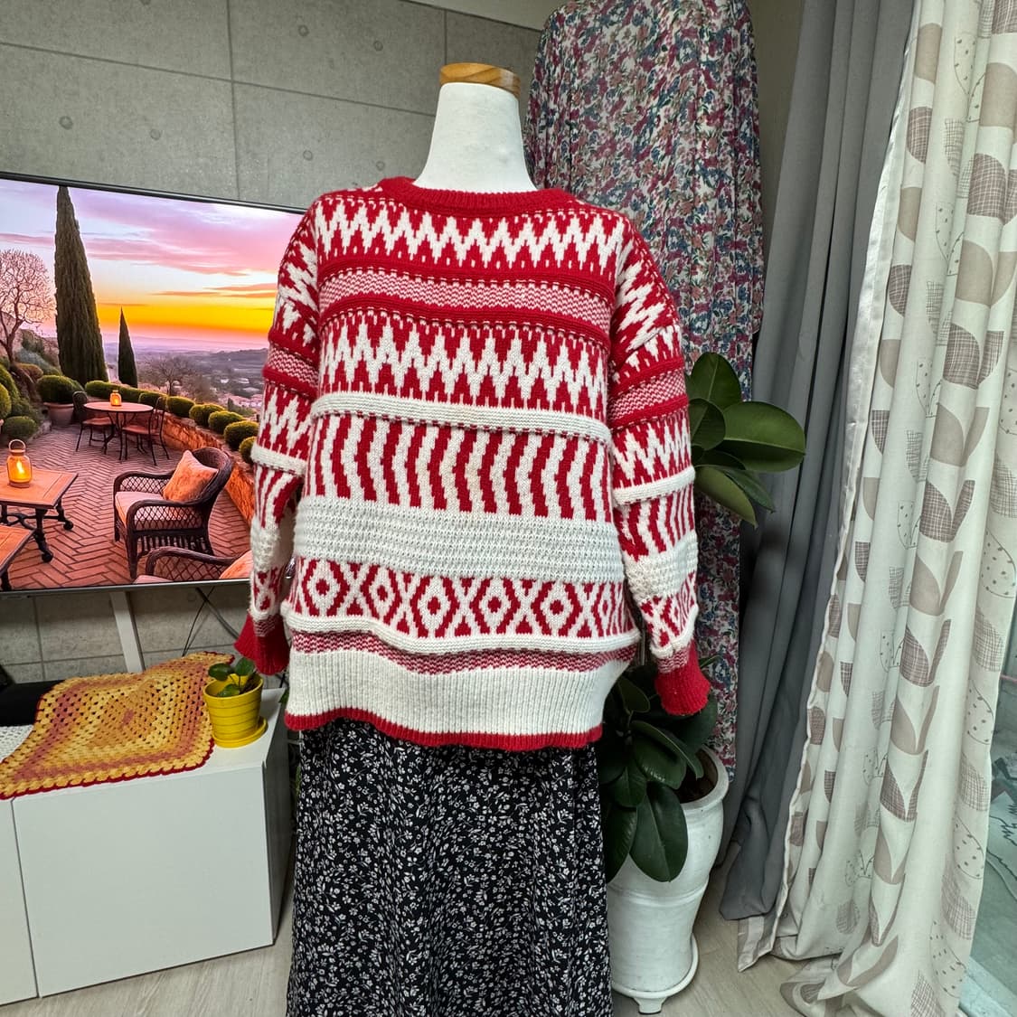 레드&아이보리 노르딕패턴 니트 스웨터 상품이미지2