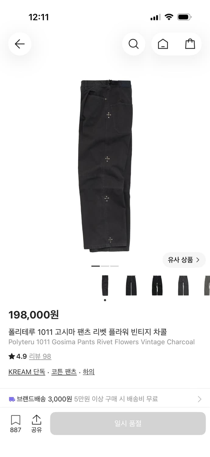 [4] 폴리테루 1011 고시마 팬츠 리벳 플라워 빈티지 차콜 상품이미지1