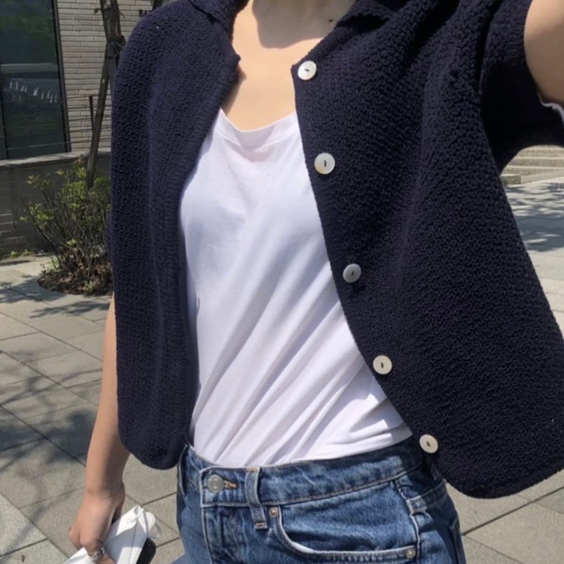 헤이그 haag a collar cardigan 반팔 니트 가디건 네이비 상품이미지2