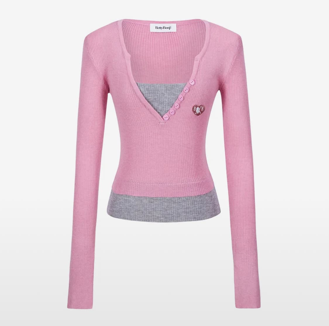 얼킨캔버스 x 베티붑 버튼 레이어드 브이넥 니트_핑크 상품이미지1
