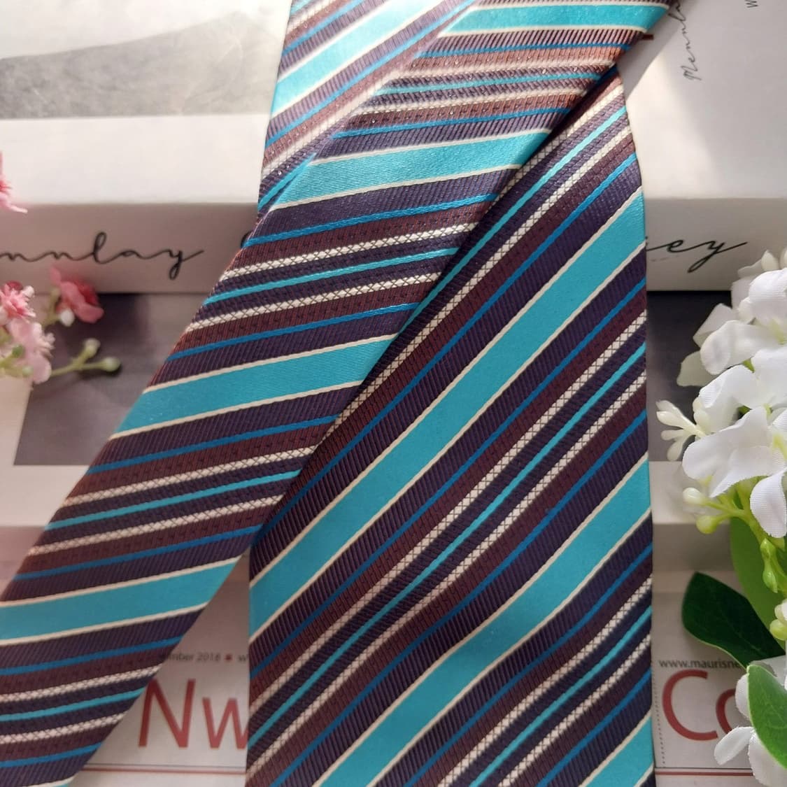 아쿠아스큐텀 터콰이즈 스트라이프 넥타이 9.2cm A+등급 K1955 상품이미지7