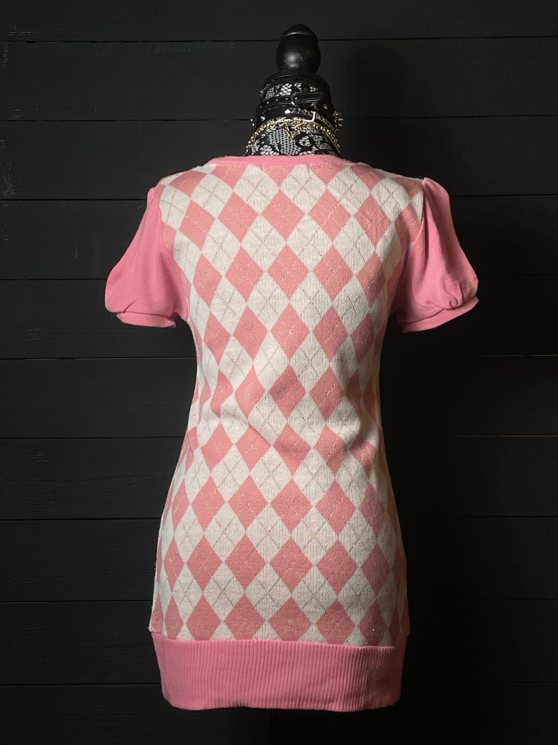 JPN 아가일 패턴 핑크 니트 반팔티셔츠 상품이미지3