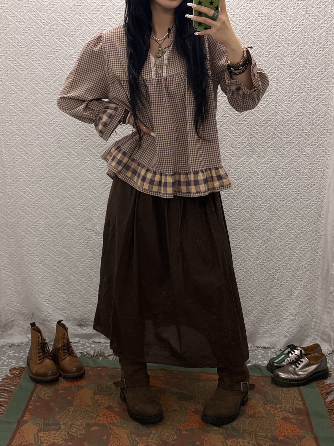 울랄라 빈티지 앤 러블리 퍼프 체크 코지 파자마 블라우스 K0114 상품이미지1