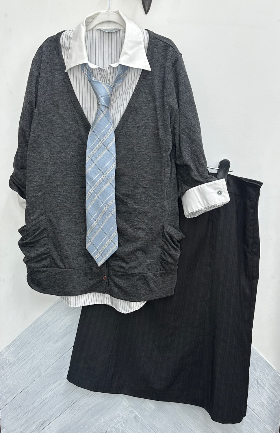 🩵하구미의 오피스 스쿨룩 코디세트🩵 넥타이 가디건 미디스커트 셔츠 상품이미지2