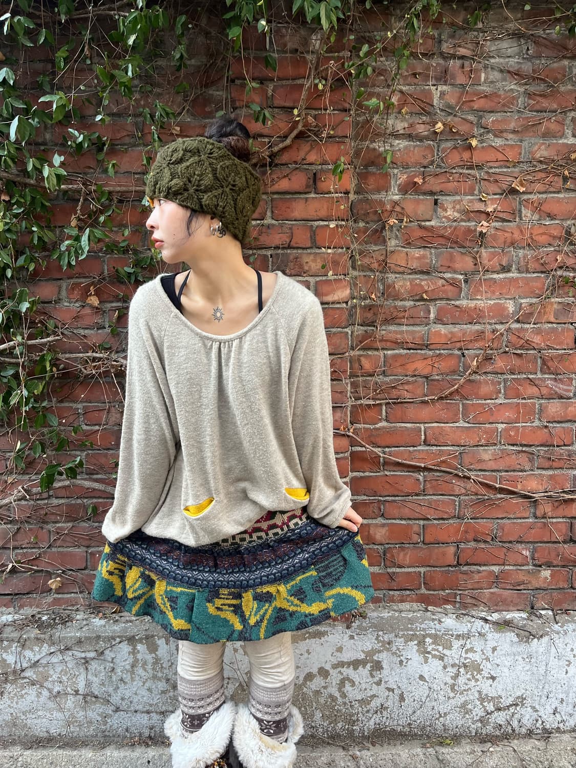 히피패턴 니트 패치 미니 스커트 상품이미지1