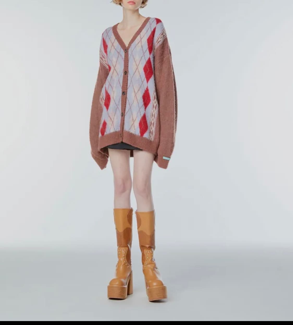 [1]인스턴트펑크 오버핏 모헤어 아가일 니트 가디건/브라운 상품이미지2