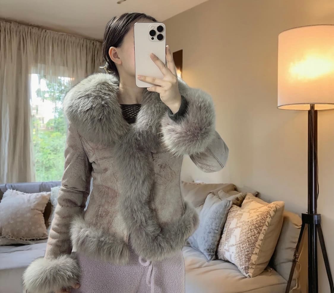 빈티지 연한 핑크 폭스퍼+안감토끼털 되지가죽자켓 무스탕 상품이미지7