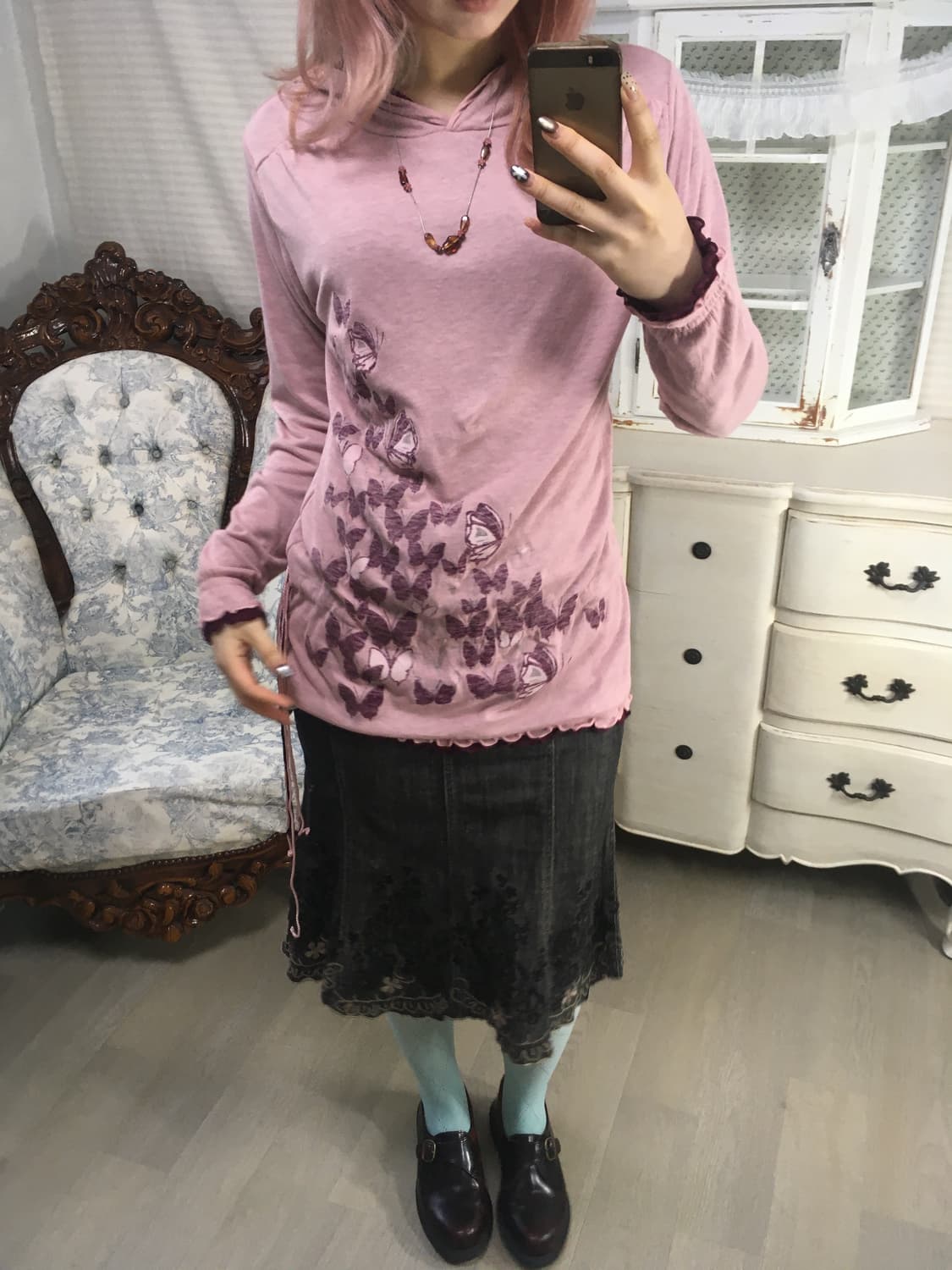 일본빈티지 플라워 자수 데님 미디 스커트 상품이미지6