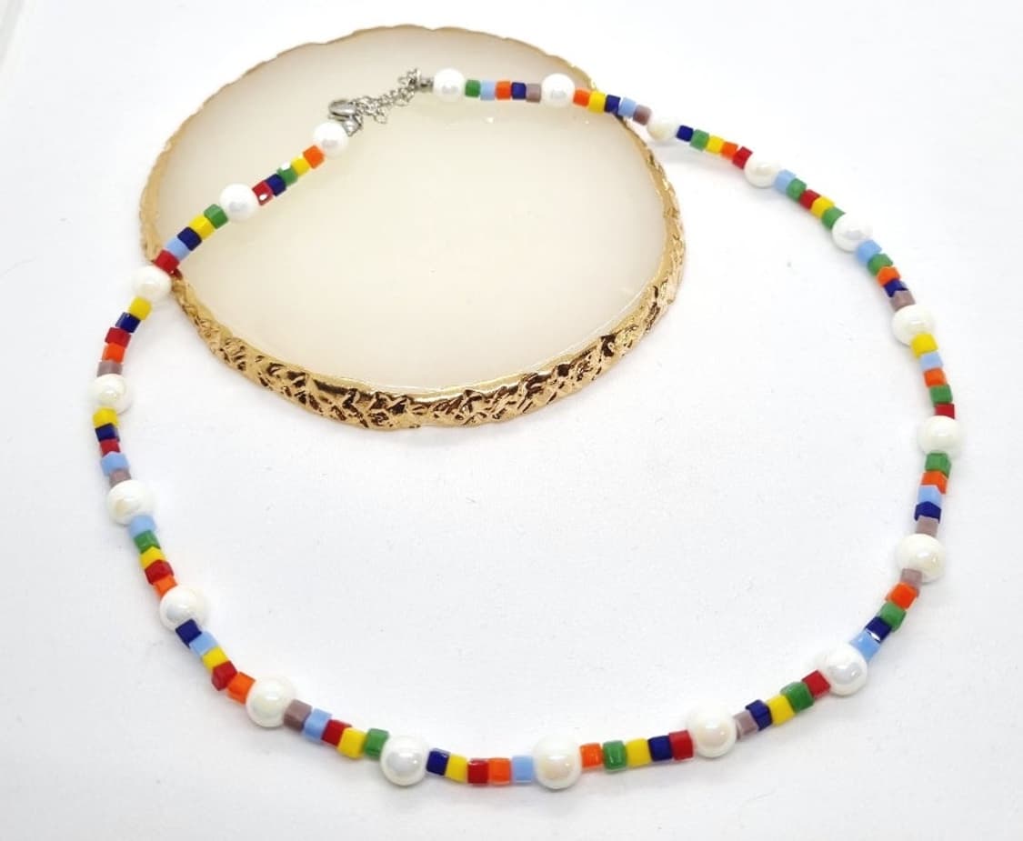 핸드메이드 .새제품) 레인보우 비즈 & 아크릴진주 목걸이 상품이미지1