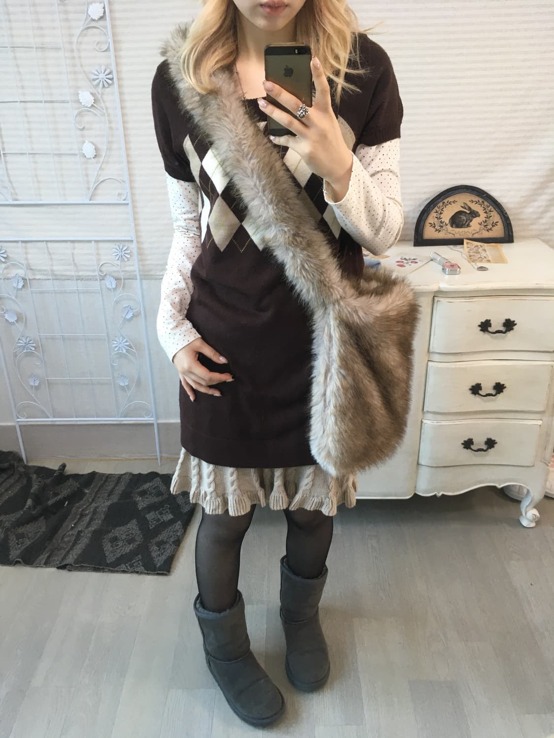 Set)아가일 브라운 니트원피스 +도트롱슬리브 상품이미지1