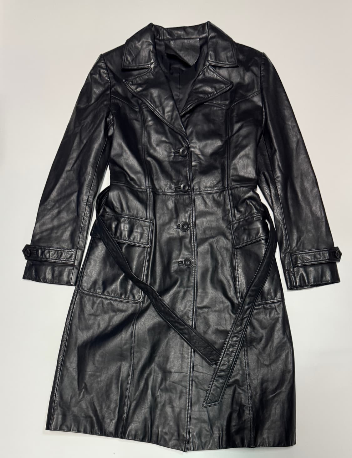 여성 빈티지 리얼 소가죽 100% 벨티드 고급 롱 자켓 상품이미지1