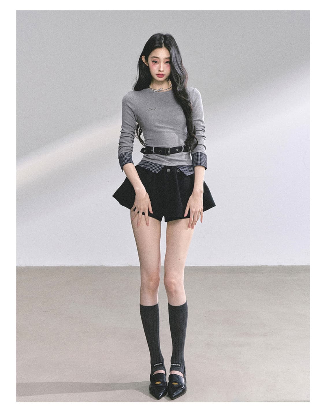 ShaoyeEye 플레드 티셔츠 슬림핏 벨트티 상품이미지4