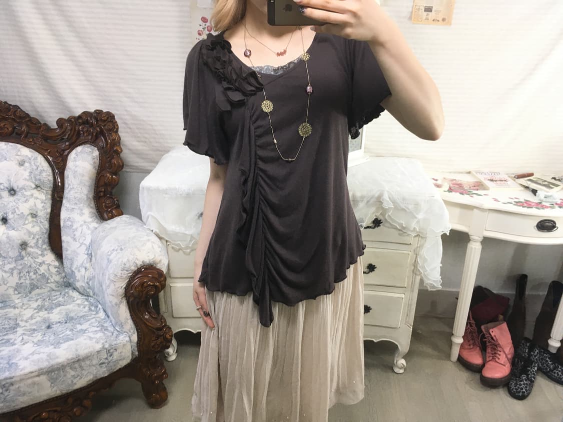 빈티지 아카이브 브라운 셔링 반팔 블라우스 상품이미지1