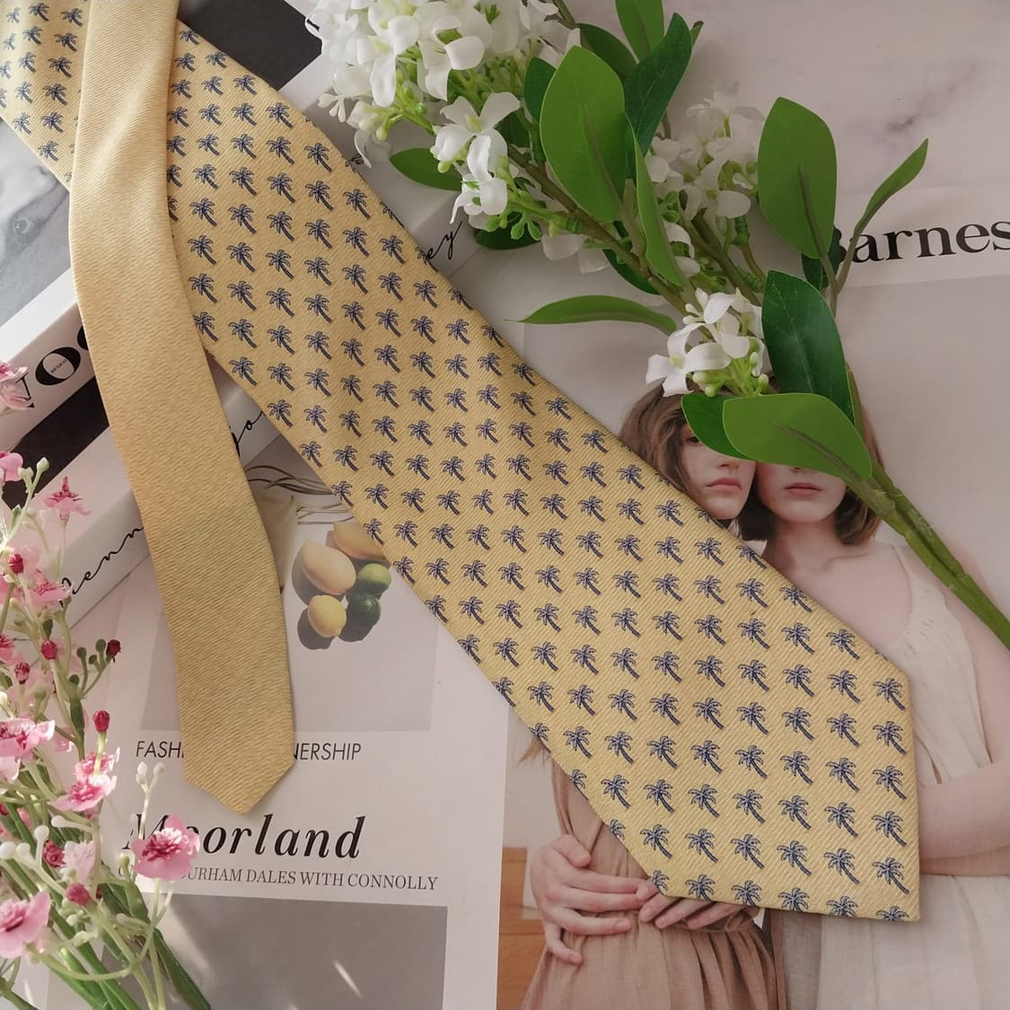 타미힐피거 실크 레몬옐로우 야자수 패턴 넥타이 9cm A+등급 K1636 상품이미지2