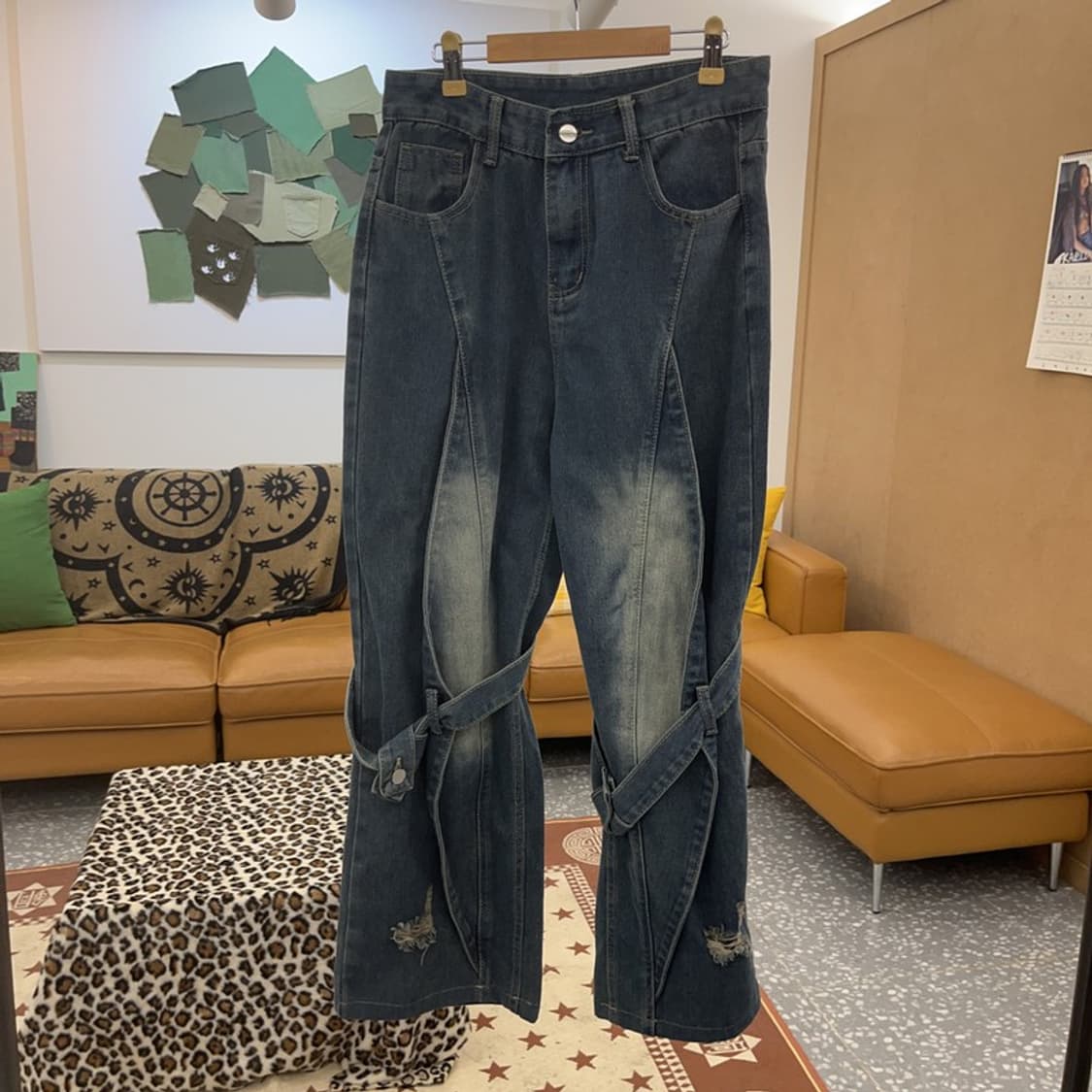 빈티지 스트릿 힙합 스트랩 워싱 데님 청바지 L C09406 상품이미지3