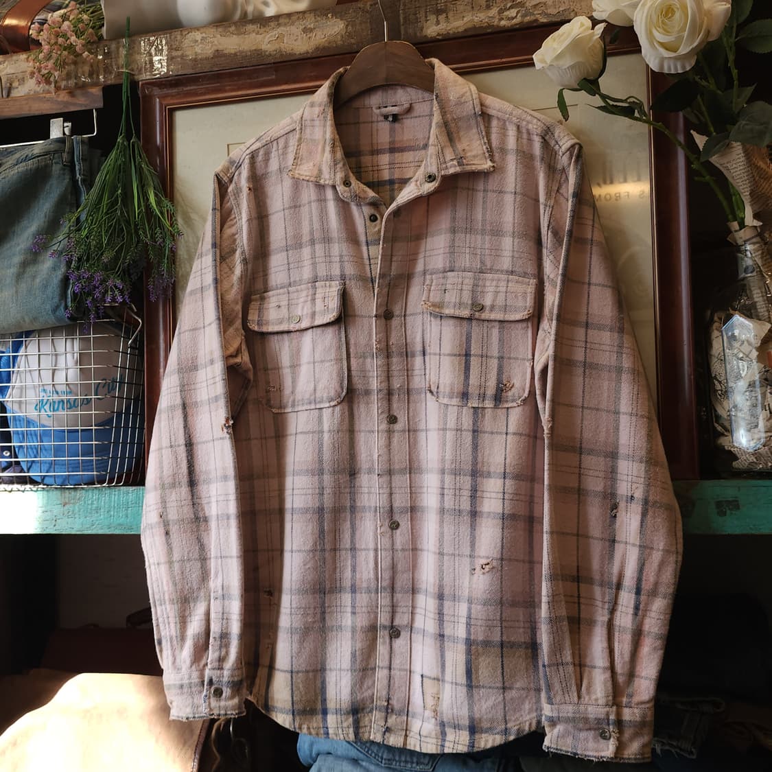 90s 빈티지 체크셔츠 헤비 플란넬 워크셔츠 썬페이딩 핑크 L 상품이미지2