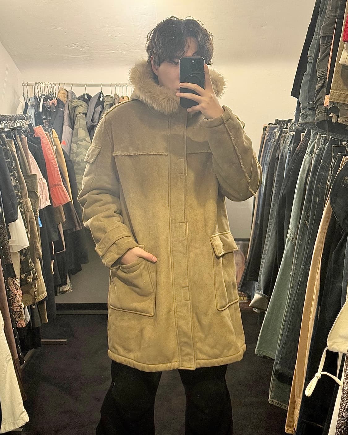 BASIC G.V JEANS 베이지 후드 무스탕 코트 여우 폭스 털 퍼 상품이미지2