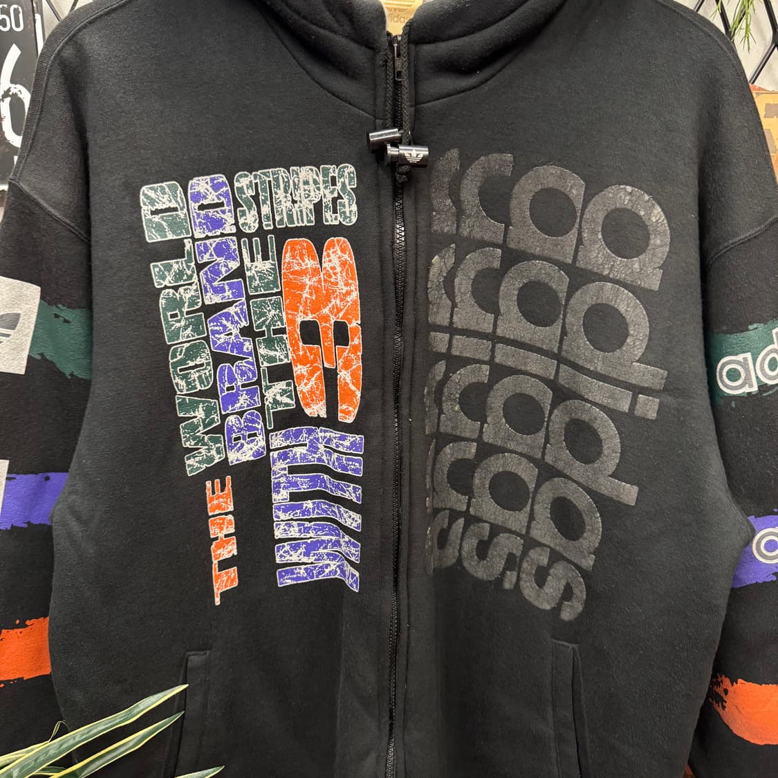 90s 아디다스 올드스쿨 양털 후드 집업 전면 로고플레이 포인트 블랙 상품이미지5