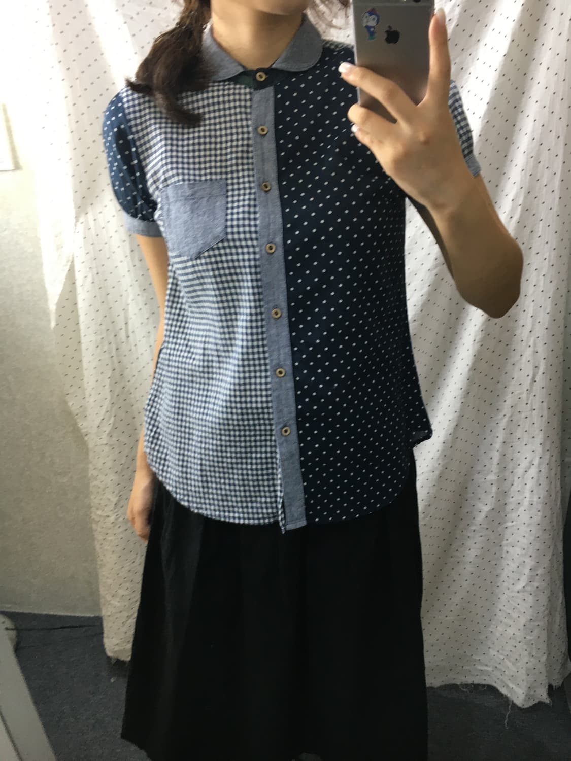 네이비 도트 체크 홍콩 블라우스 상품이미지2
