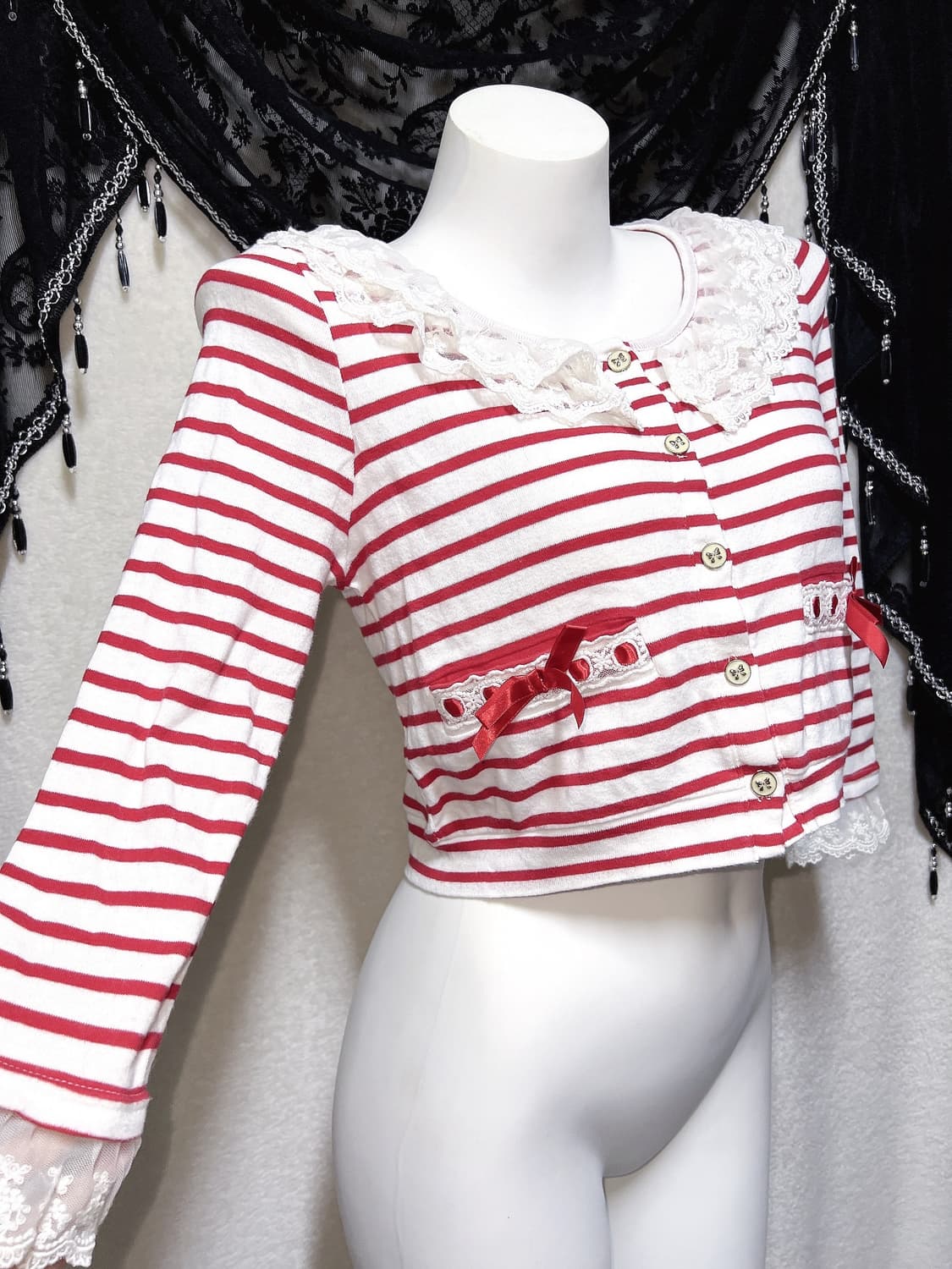 리즈리사 스트라이프 리본 프릴 레이스 가디건 러블리 히메갸루 라떼 핀터  상품이미지1