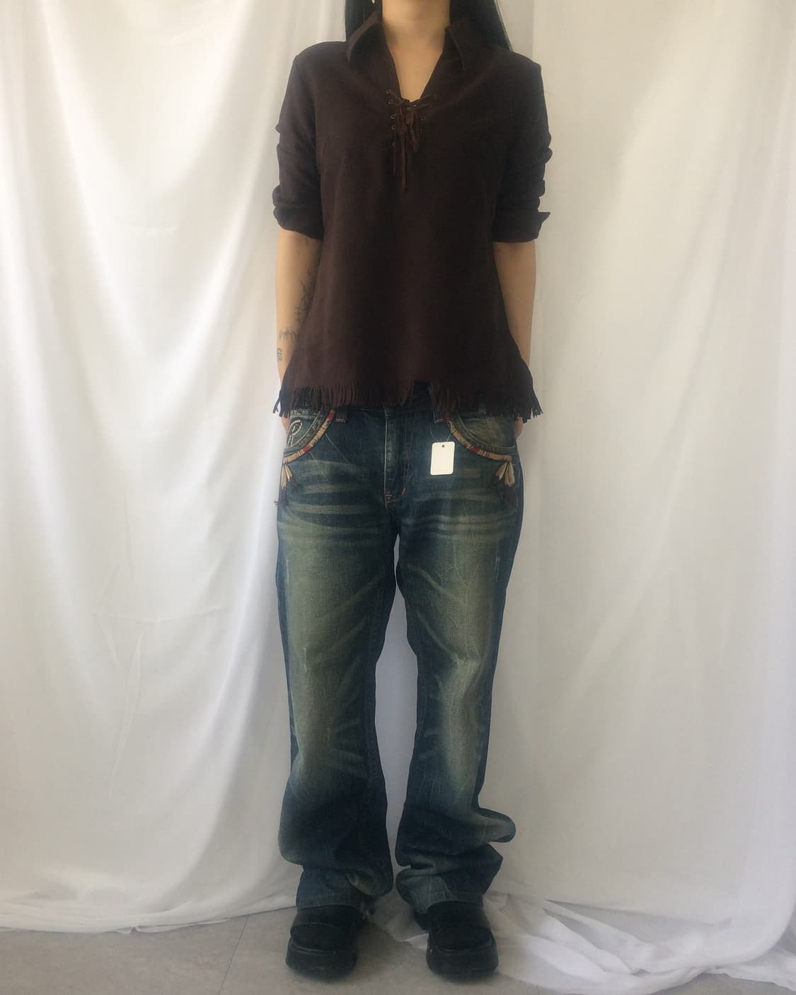 Lace up fake suede fringe top 상품이미지6