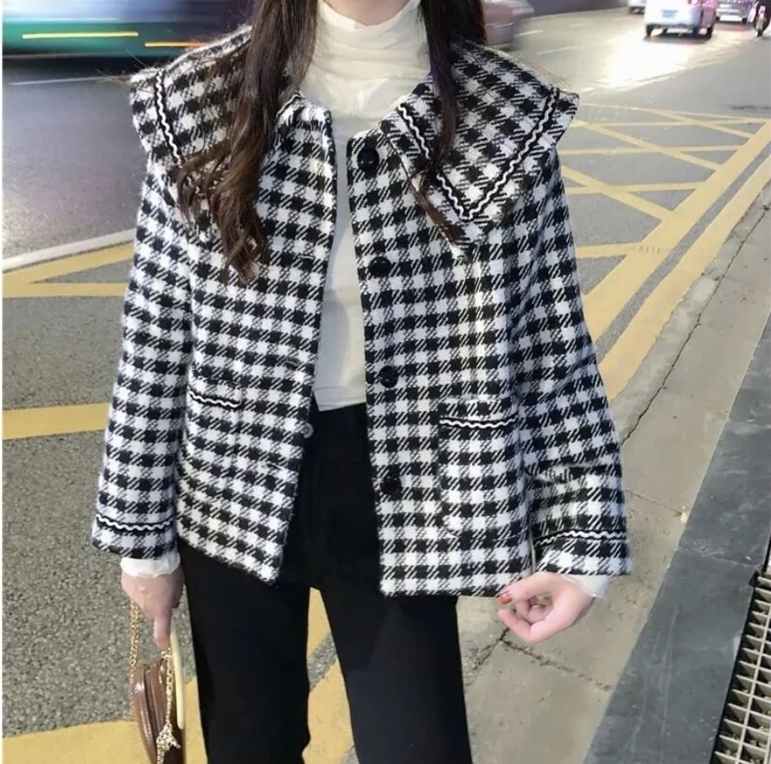 체크 패턴 세일러 카라 겨울 자켓 여성용 55~66 상품이미지1