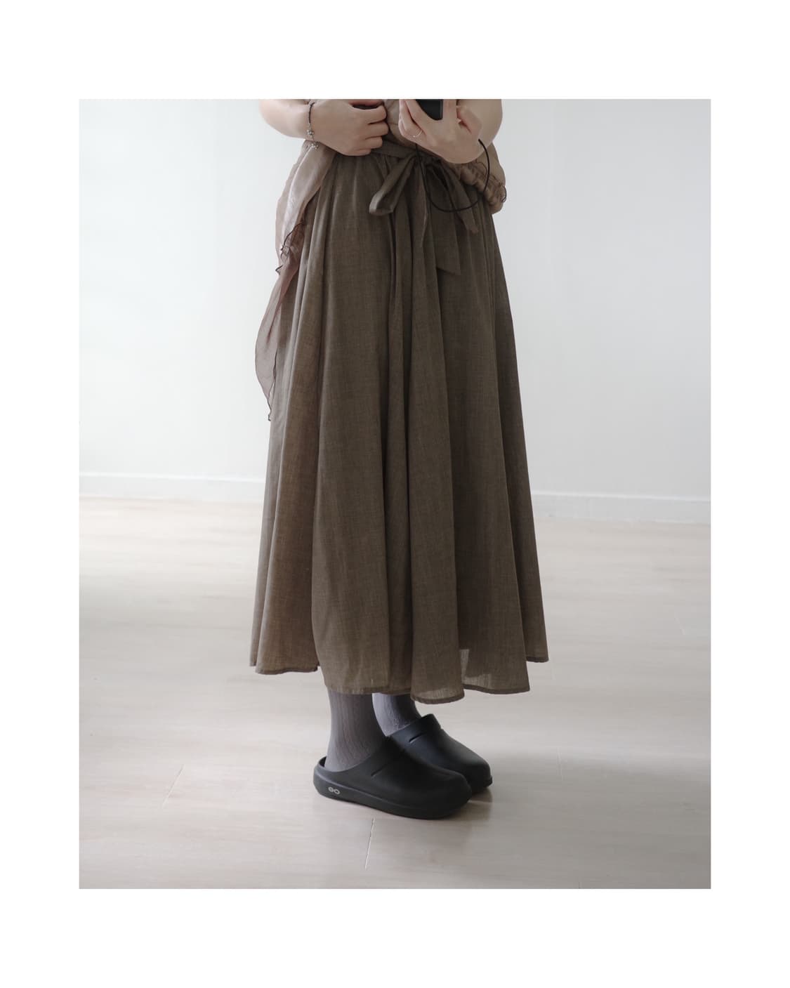 Galloria ribborn brown khaki skirt 상품이미지3