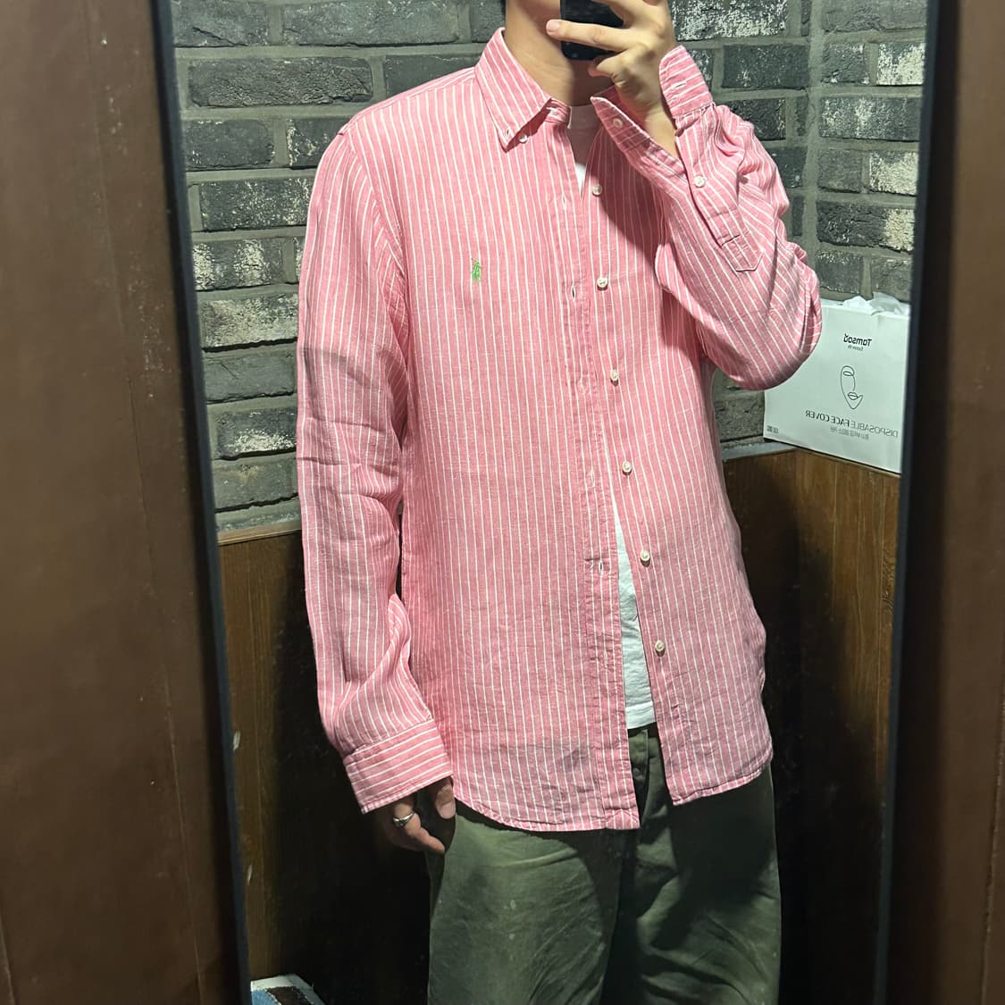 M) 폴로 랄프로렌 클래식 스트라이프 린넨 셔츠 핑크 화이트 상품이미지8