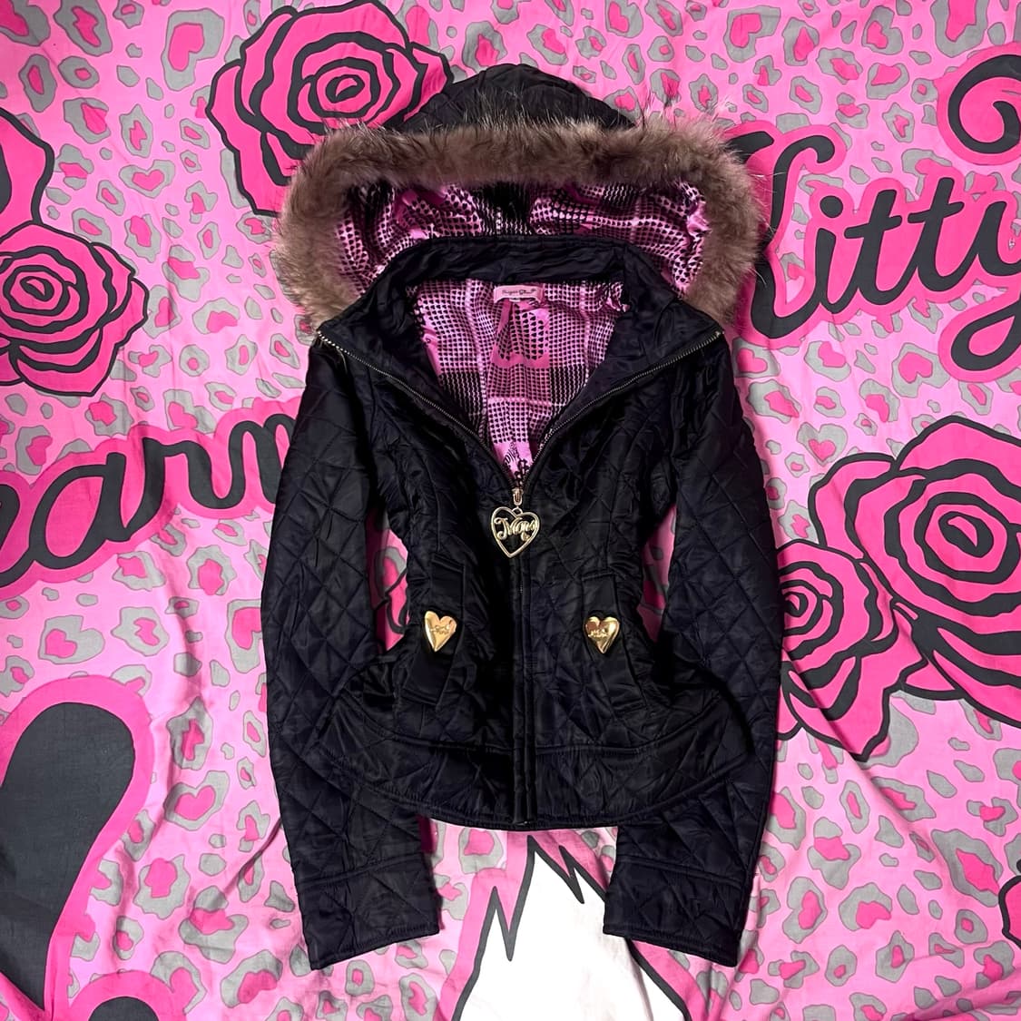 MA*RS마즈 블랙핑크 하트체크 금장 퍼 패딩 히메오네갸루y2k핀터아게하 상품이미지1